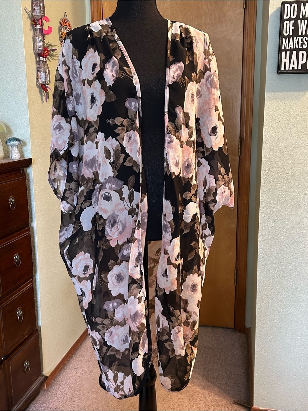 Live 4 Truth black and pink floral sheer open front kimono coverup size 1X boho